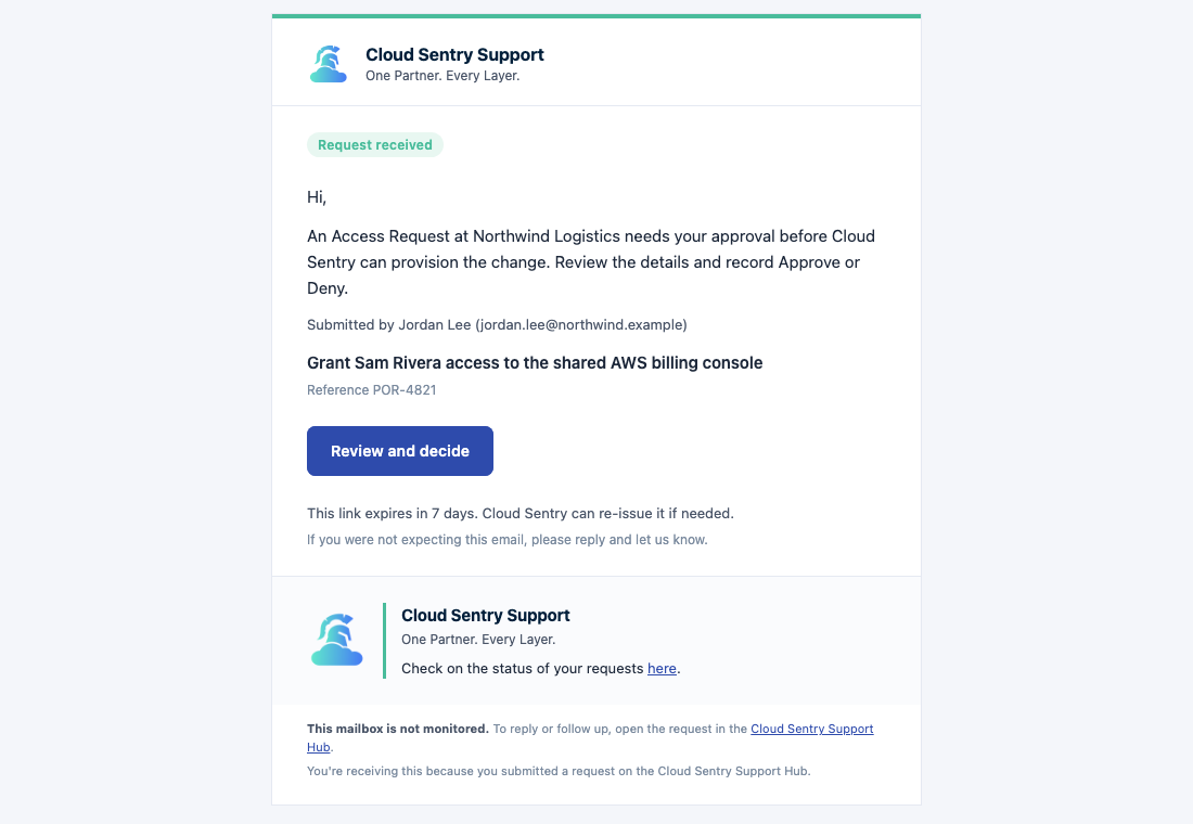 A Cloud Sentry approval-request email with a Review and decide button