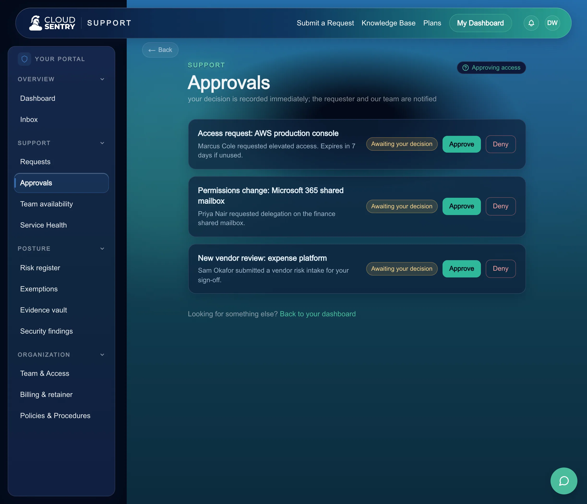 The approvals view in the Cloud Sentry portal, with access requests awaiting a decision