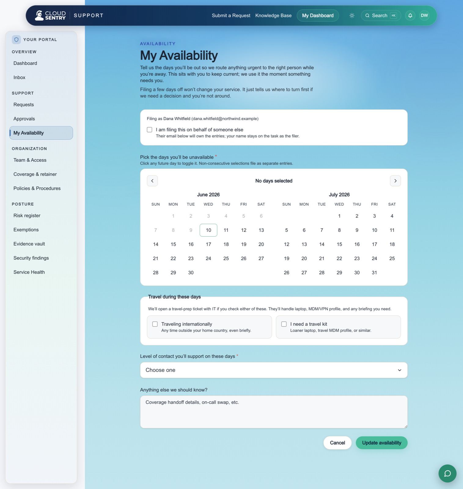 The availability view in the Cloud Sentry portal, where a member marks themselves away