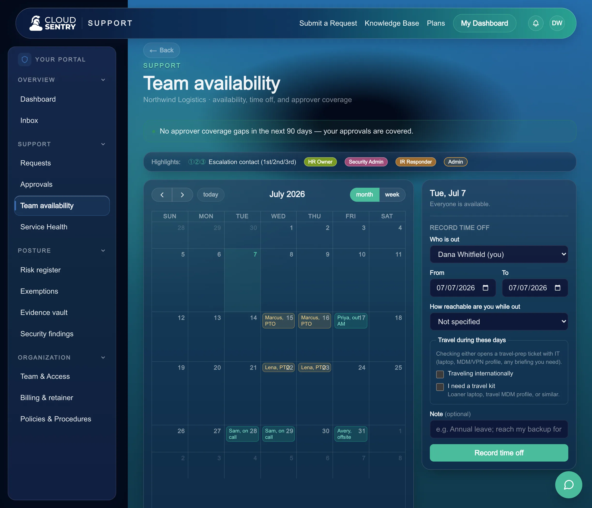 The availability view in the Cloud Sentry portal, where a member marks themselves away