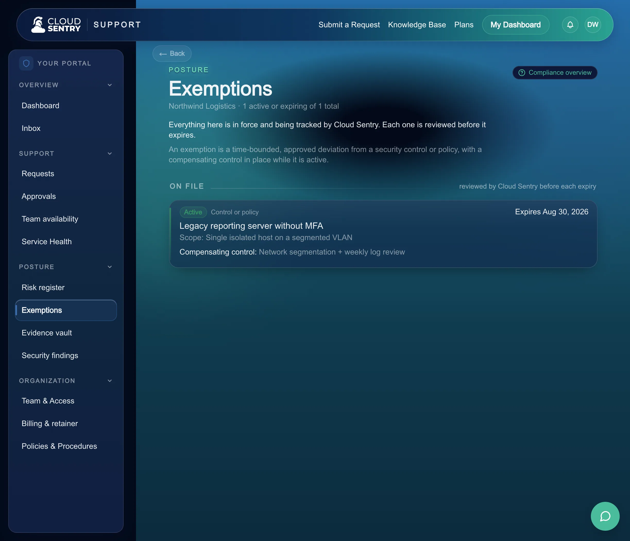 The exemptions view in the Cloud Sentry portal, with compensating controls and expiry dates