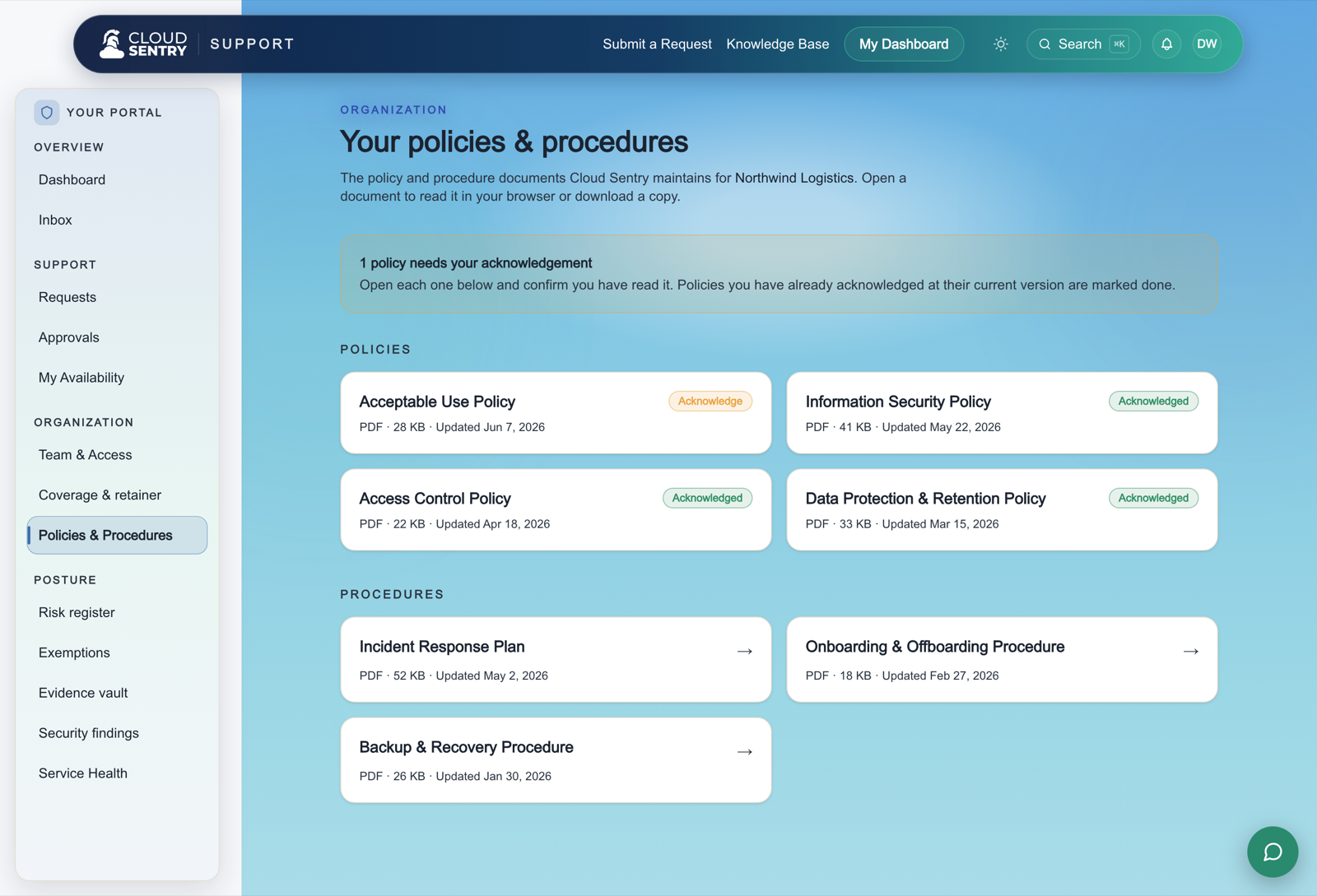 The policies and procedures view in the Cloud Sentry portal, with acknowledgement status