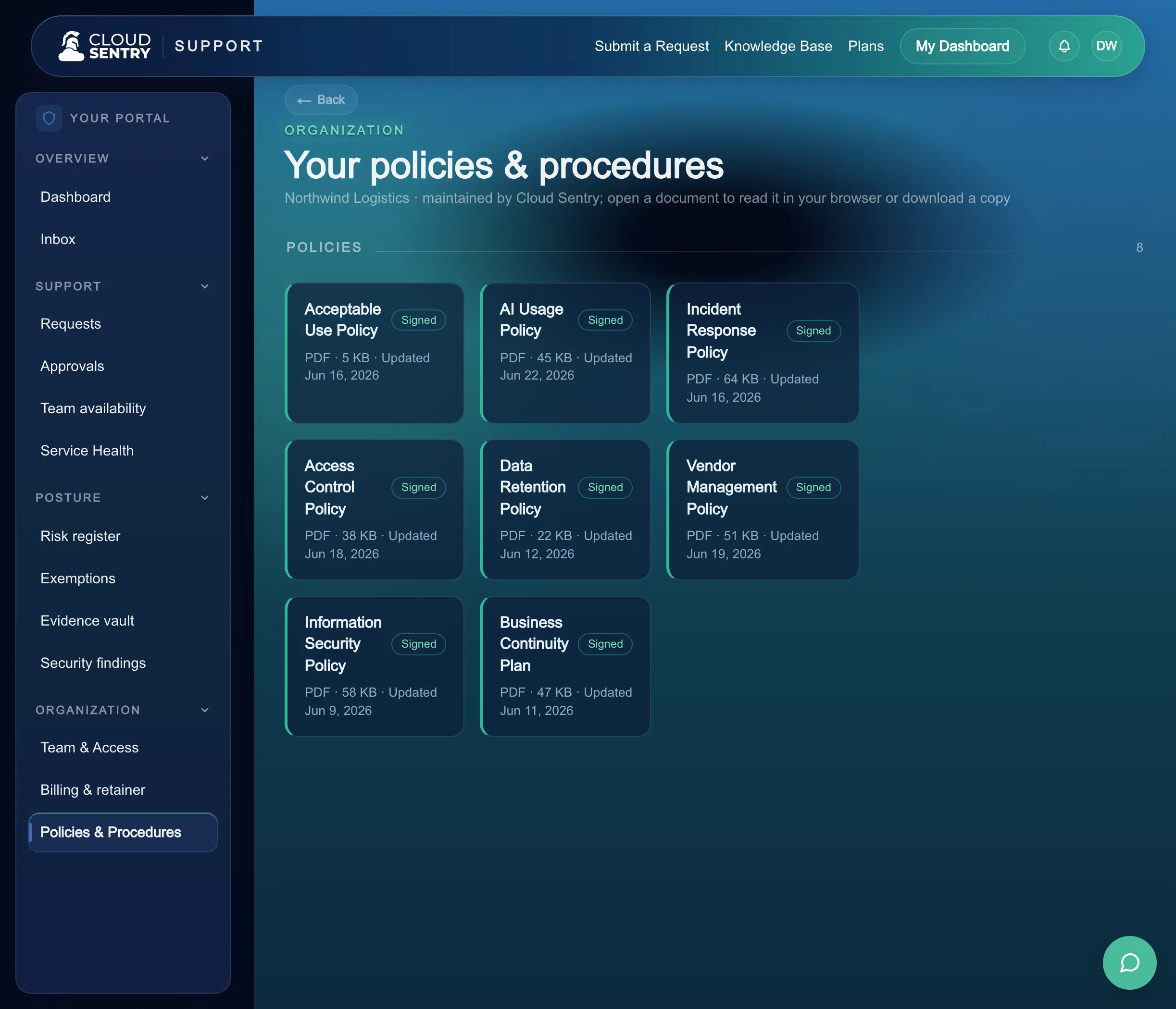 The policies and procedures view in the Cloud Sentry portal, with acknowledgement status